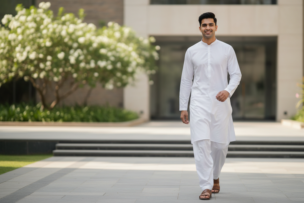 create a video for majesty textile for branding in this video me,s model handsome and young walkn in the shalwar kemeez and adjust this video in the size of this theme hero section in mobile and laptop . the kameez is simple no designing on the kameez